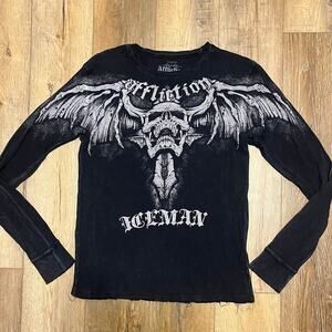 VTG Y2K AFFLICTION UFC Chuck Liddell Iceman Thermal Shirt XL Skull Cross USA Blk